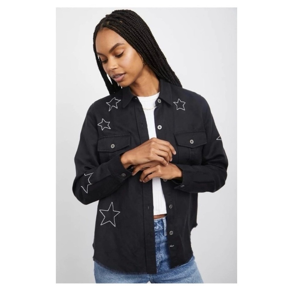 Rails Loren Black Embroidered Star Raw Hem Utility Shirt Jacket Western